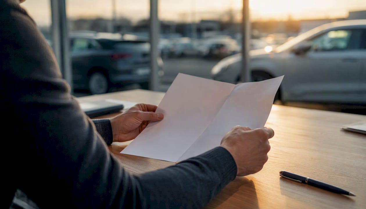Hands reconciling bank statements at dealership desk