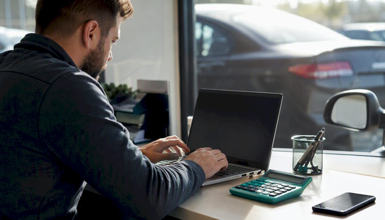 Dealer entering vehicle cost data on laptop