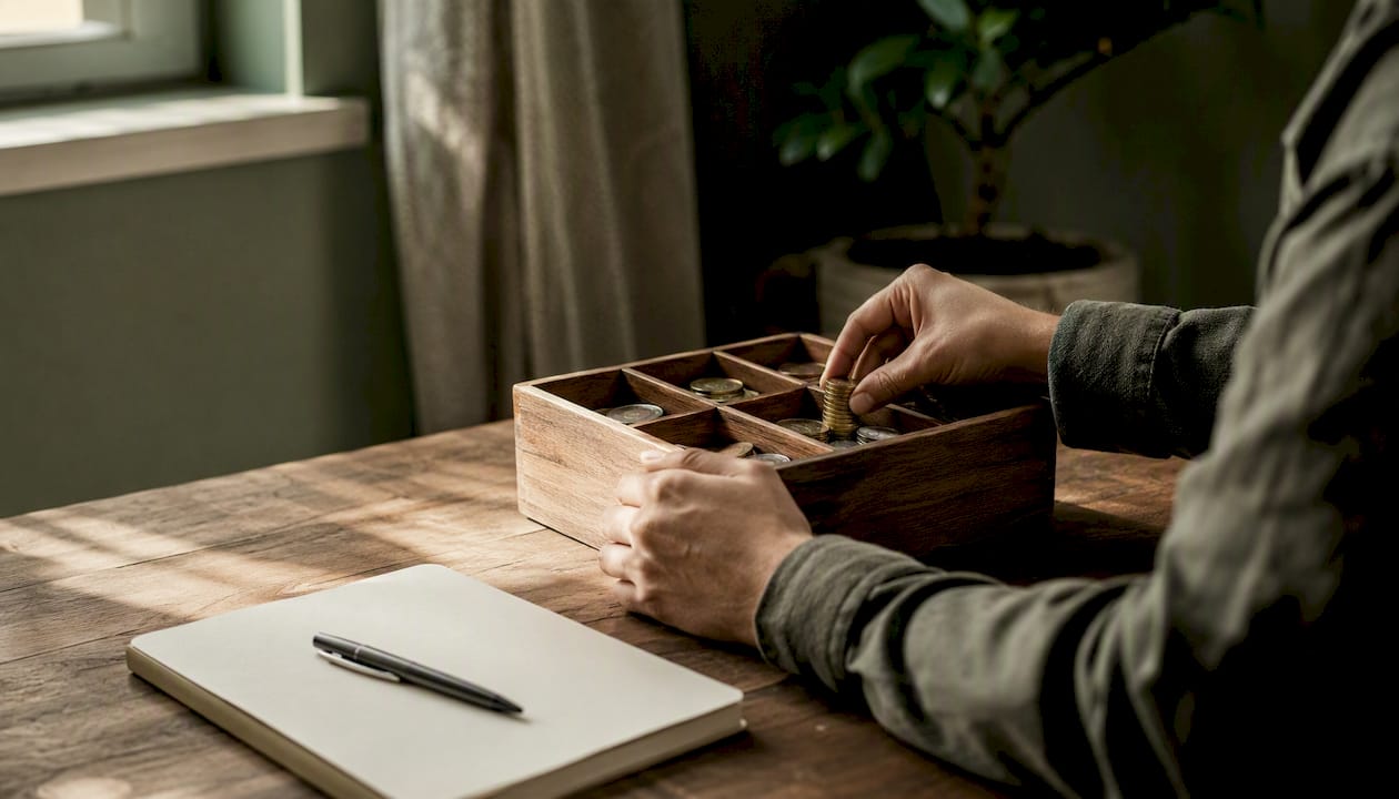Hands placing coins into cash box at home desk