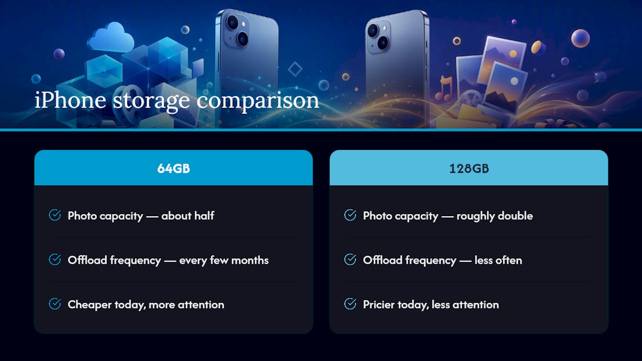 Diagram comparing 64GB and 128GB iPhone photo capacity