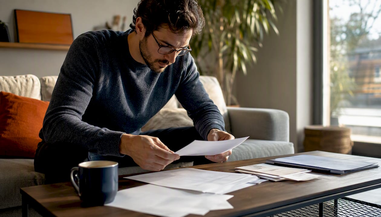 Hands sorting bank statements on home office table