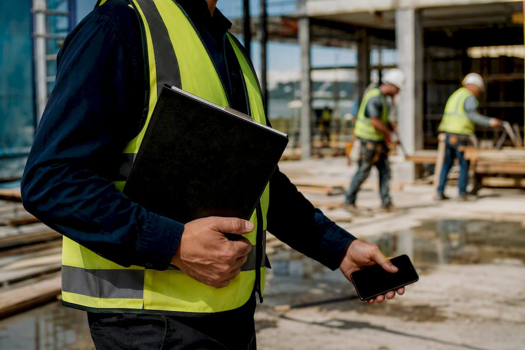 Field team leader walking with clipboard and phone