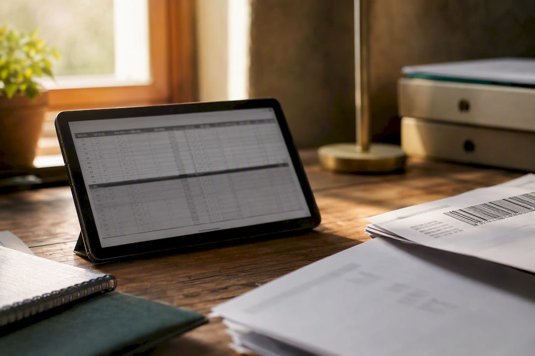 Workspace with shipment tracking spreadsheet and evidence