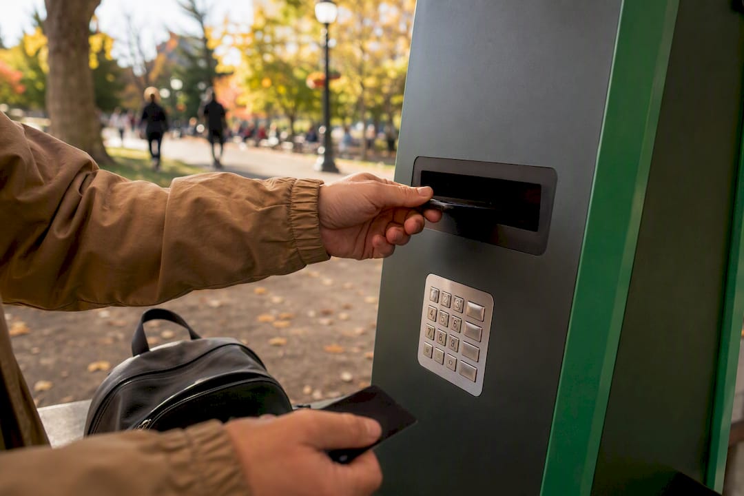 Person inserting phone into buyback kiosk