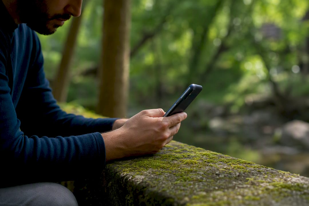 Hands inspecting refurbished smartphone outdoors