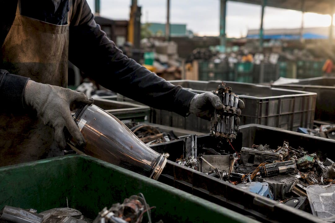 Hands sorting hazardous materials from e-waste