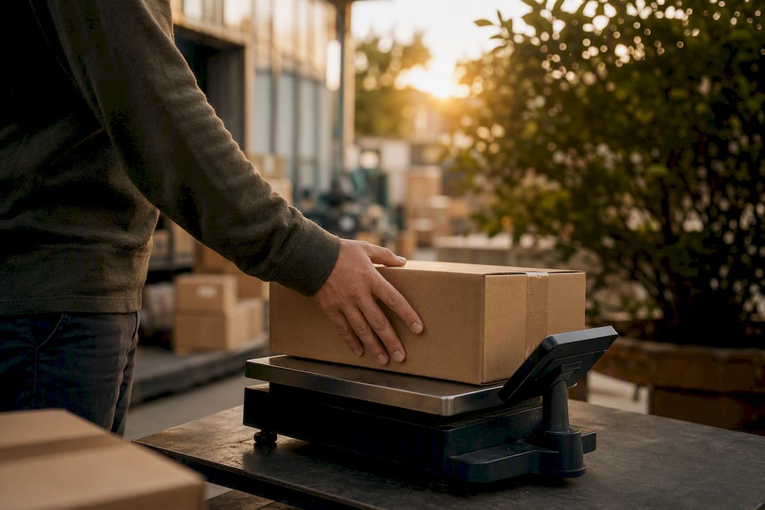 Hand placing box on shipping scale