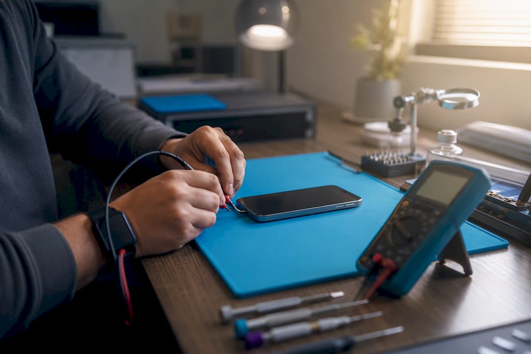 Hands testing battery capacity of smartphone