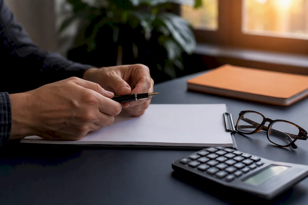 Hands holding pen over blank document on desk