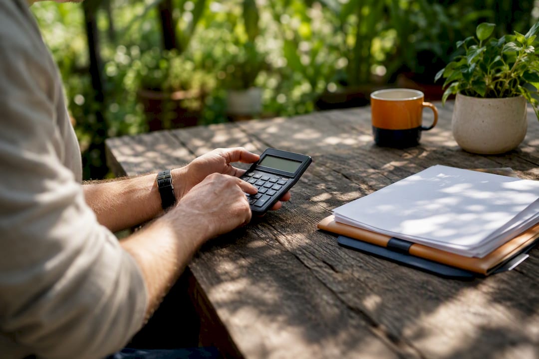 Hands using calculator next to loan documents on desk