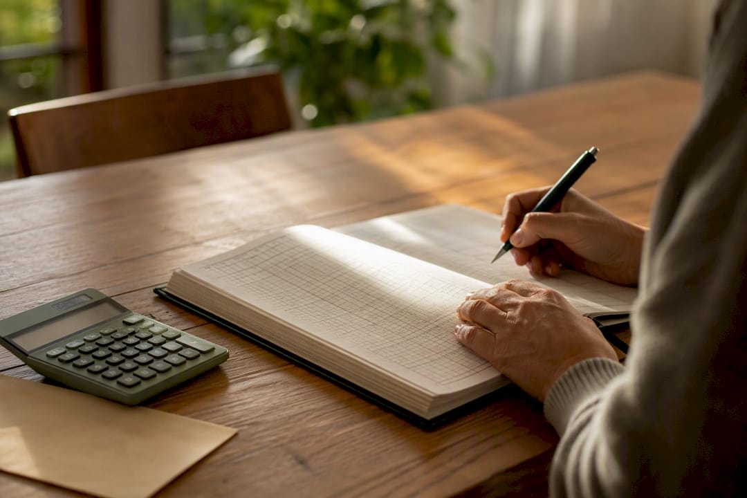 Hands recording journal entries in ledger