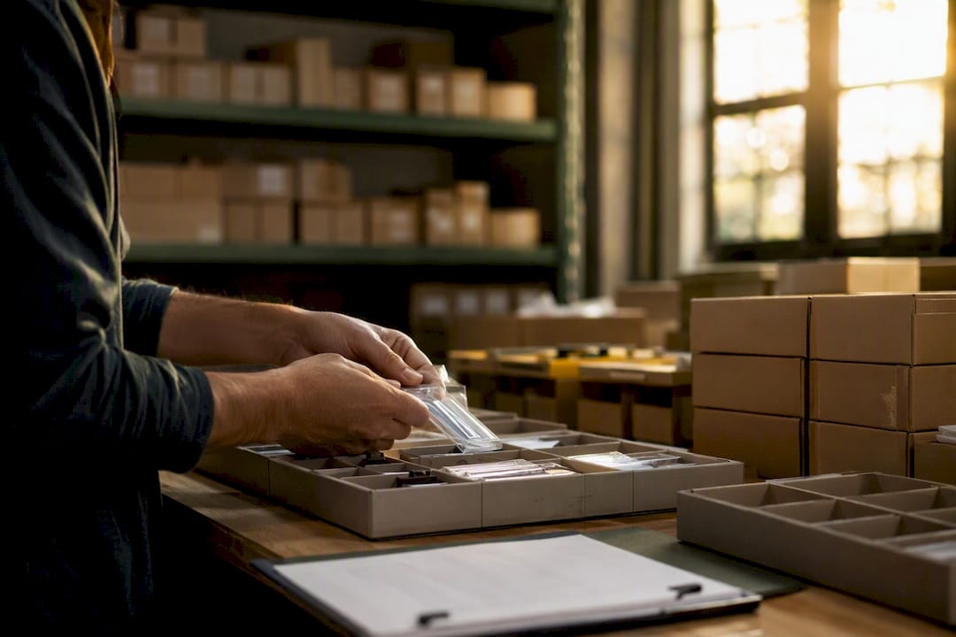 Hands processing serialized inventory items