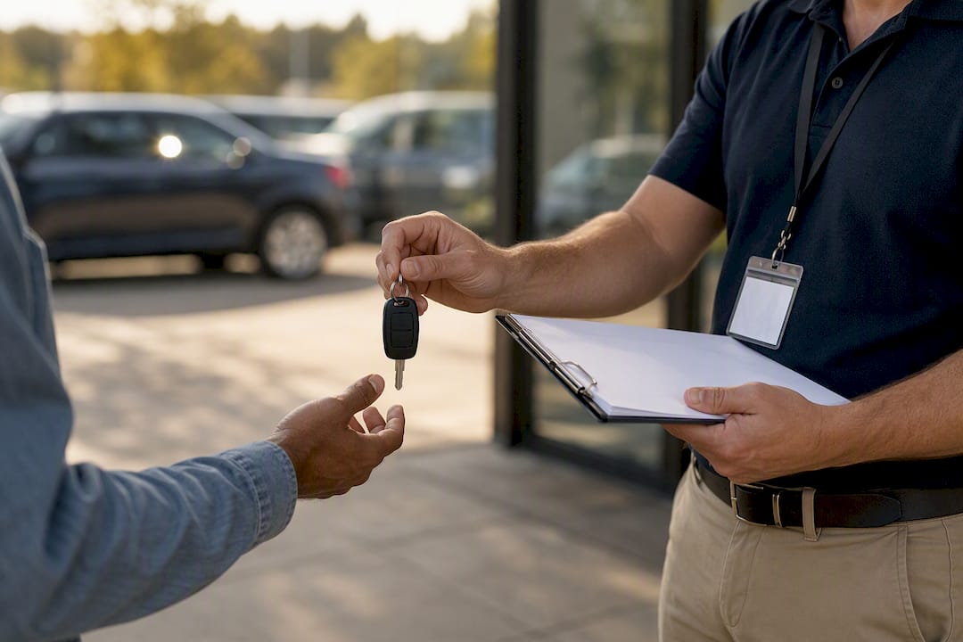 Dealer handing car key to customer on lot