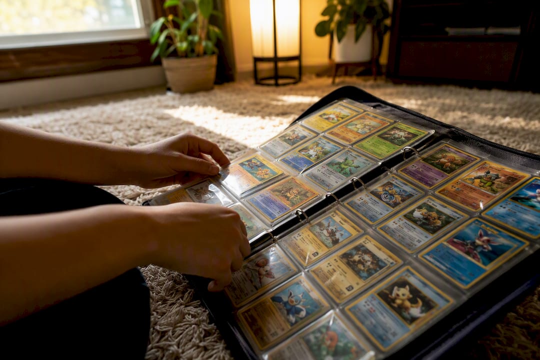 Binder of Pokémon cards on table