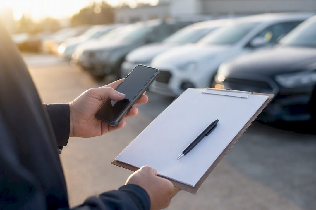 Hand holding phone and checklist in vehicle lot
