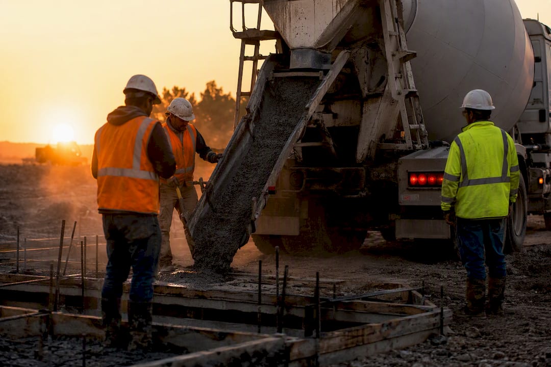 Concrete mixer truck pouring concrete