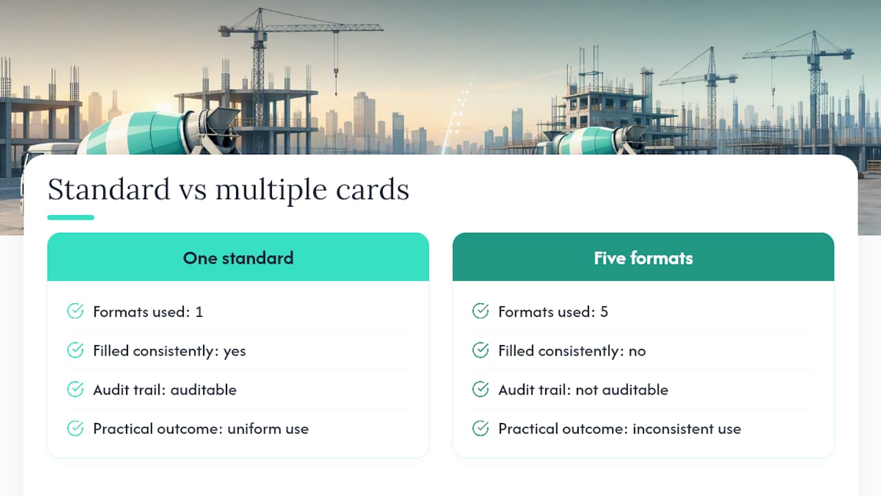 Author perspective: why one standard card beats five good ones, overview diagram