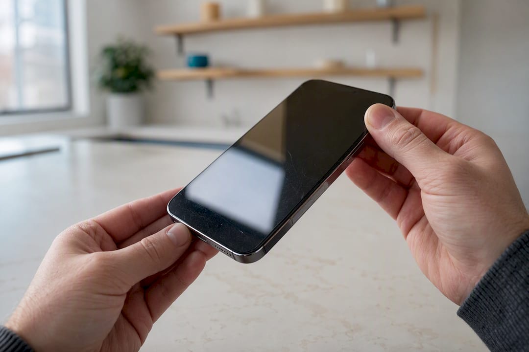 Hands inspecting smartphone screen under bright light
