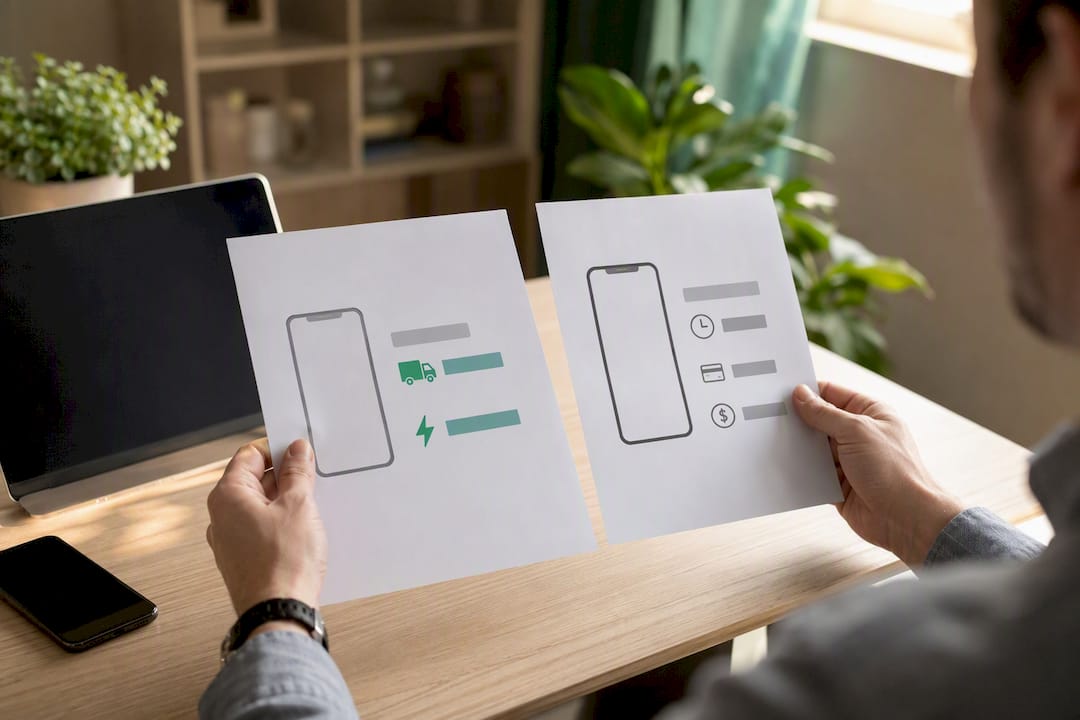 Hands holding two phone resale offer printouts for comparison