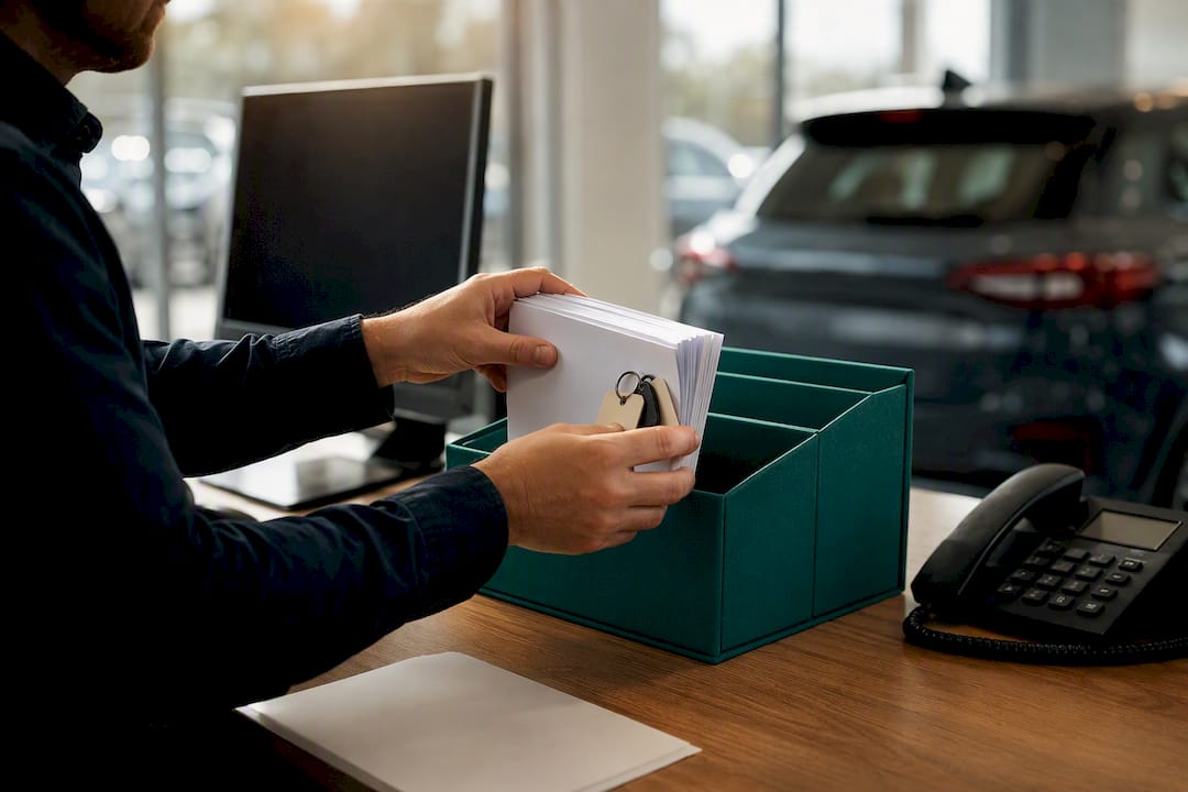 Hands sorting recon invoices with vehicle detail