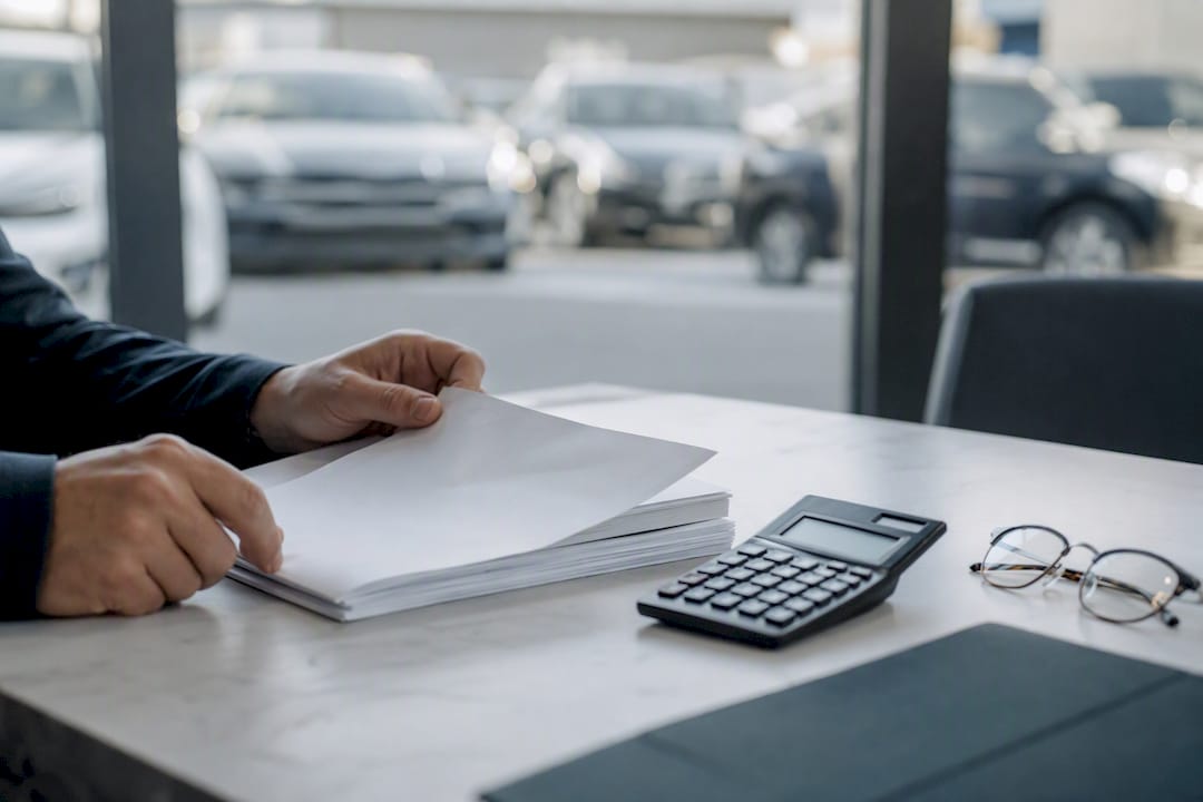 Hands arranging ledger and calculator on desk