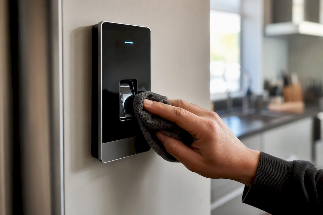 Hand cleaning fingerprint scanner in kitchen