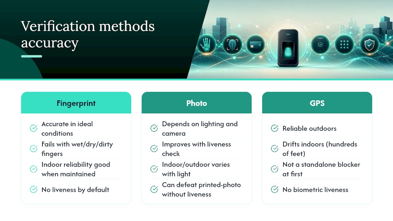 Accuracy comparison of fingerprint, photo, and GPS methods