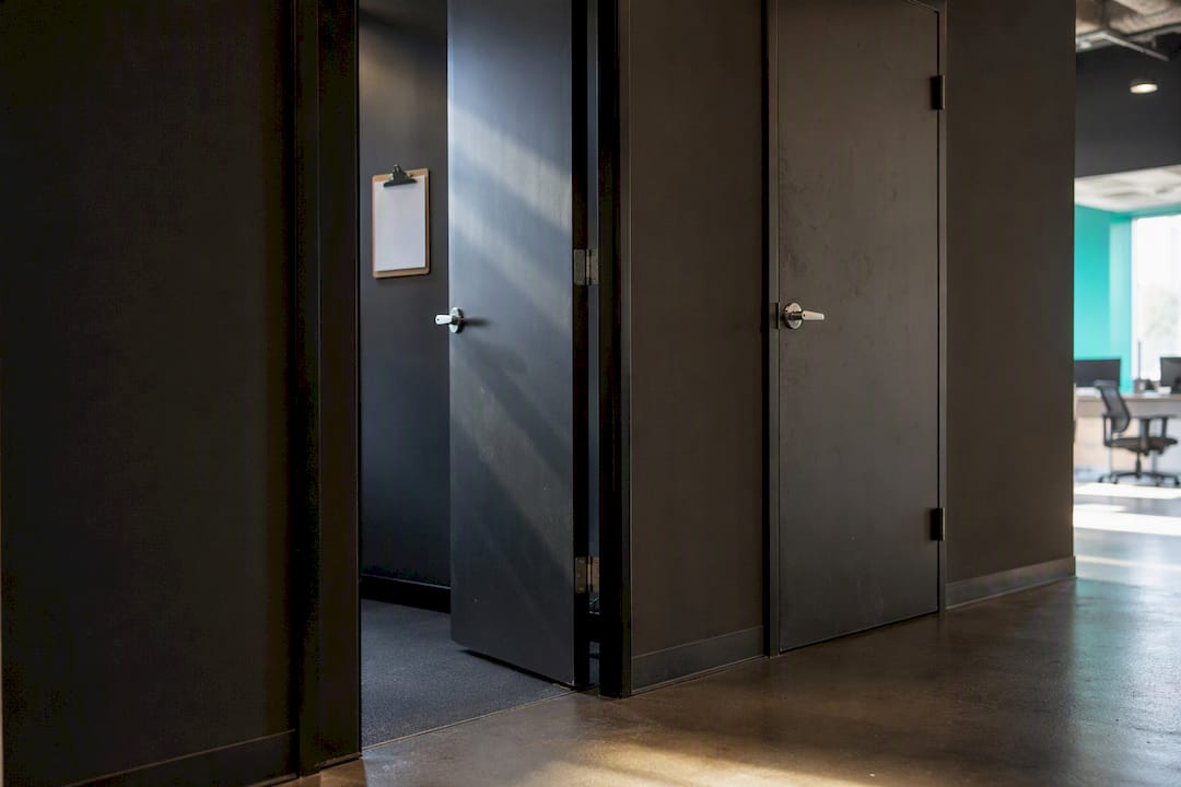Two adjacent office doors with differing status