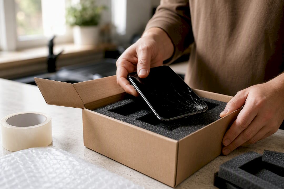 Hands packing broken phone into mail envelope