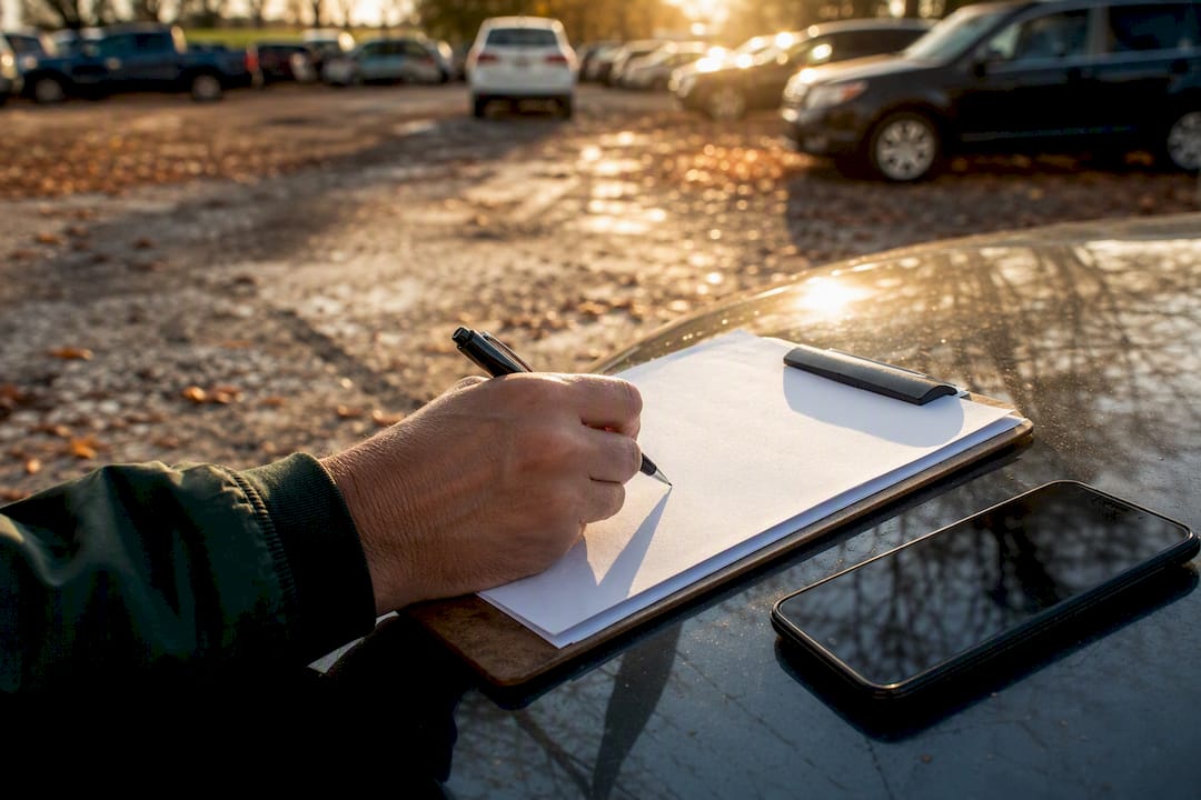 Hand calculating carrying costs at dealership lot