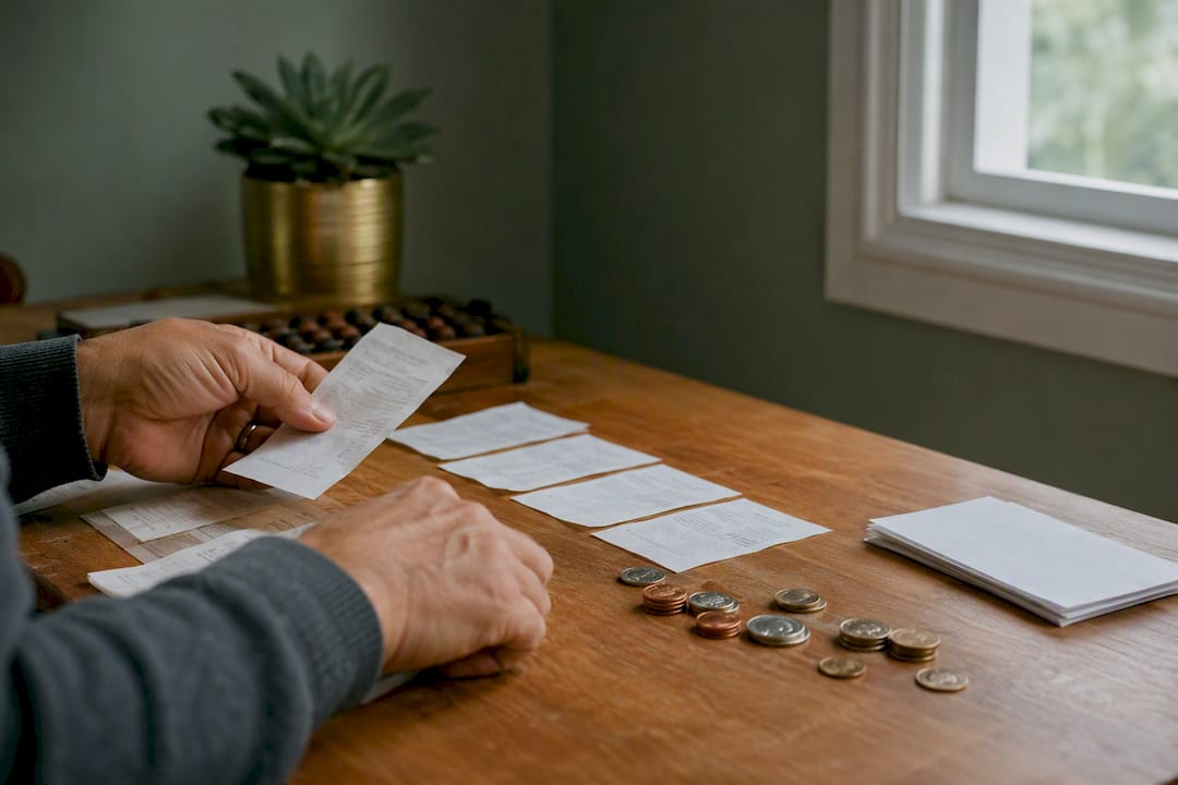 Hands sorting coins and receipts for reconciliation