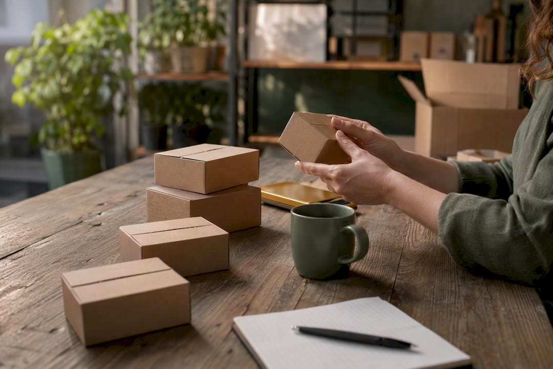 Hands counting inventory boxes and stock