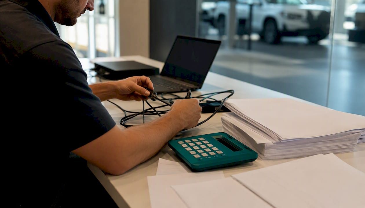 Hands preparing vehicle listing feed in dealership office