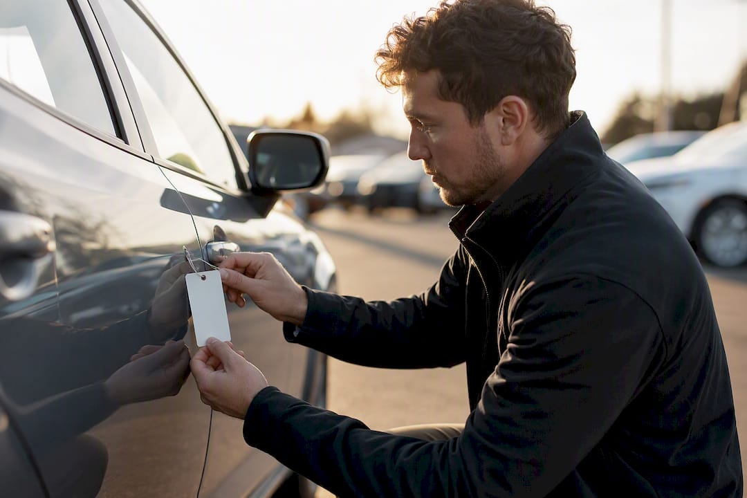 Hands updating price tag holder on vehicle outdoors
