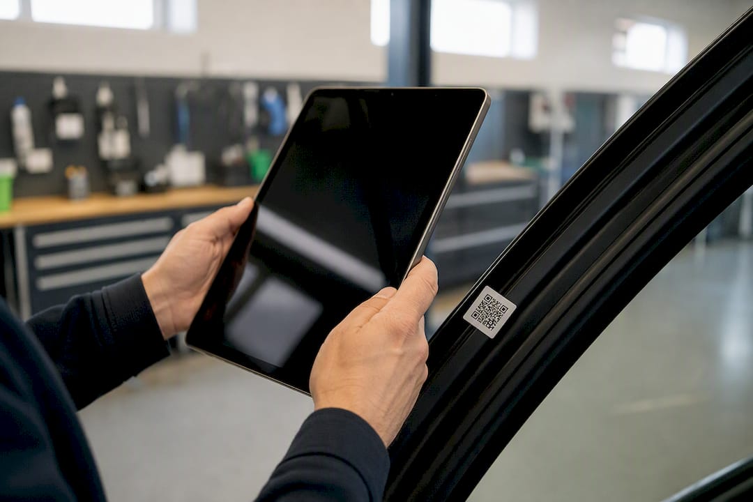 Hands scanning QR code on vehicle window for inventory sync