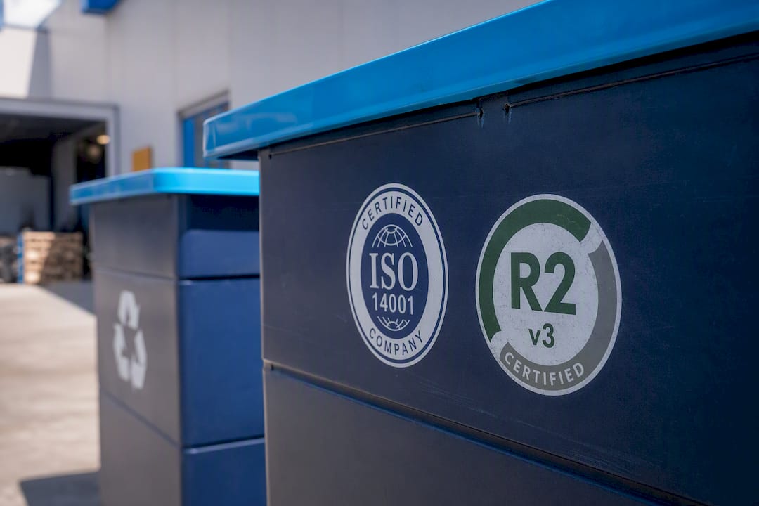 Environmental certification labels on recycling bins