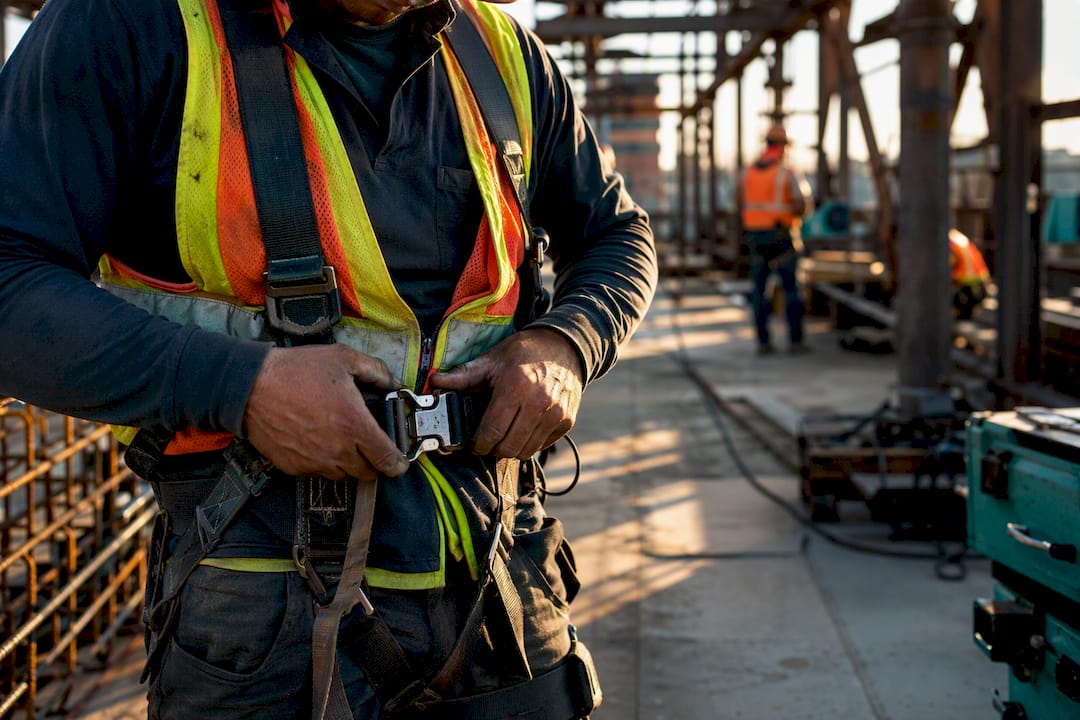 Hands adjusting construction safety harness buckle