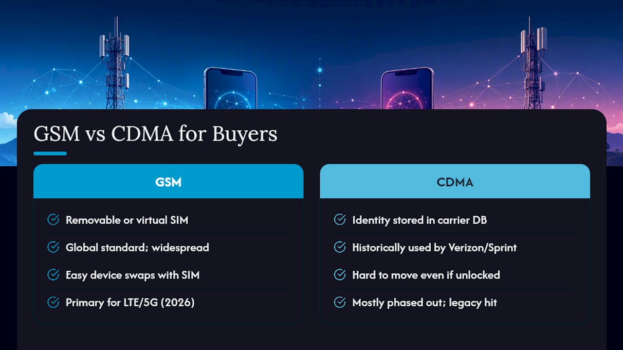 Comparison diagram of GSM versus CDMA technology