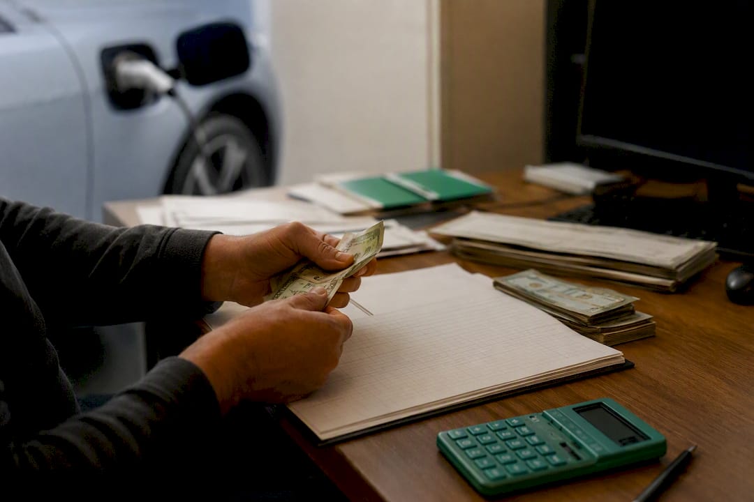 Hands counting cash and ledger at dealership desk