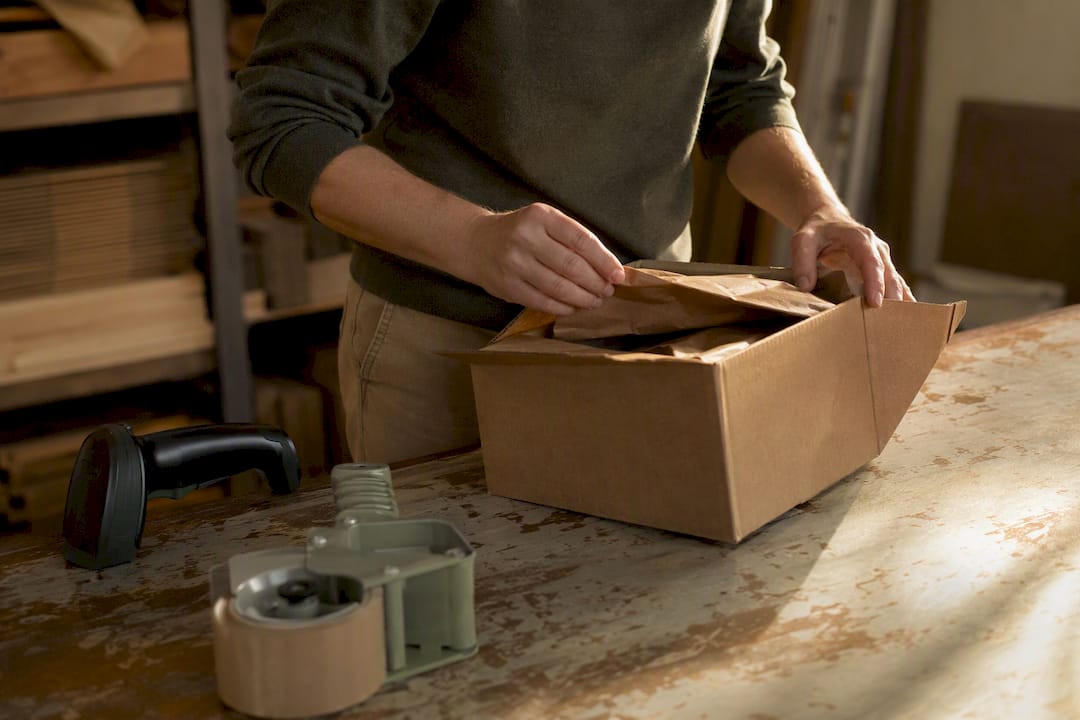 Inspecting shipping package hands close-up
