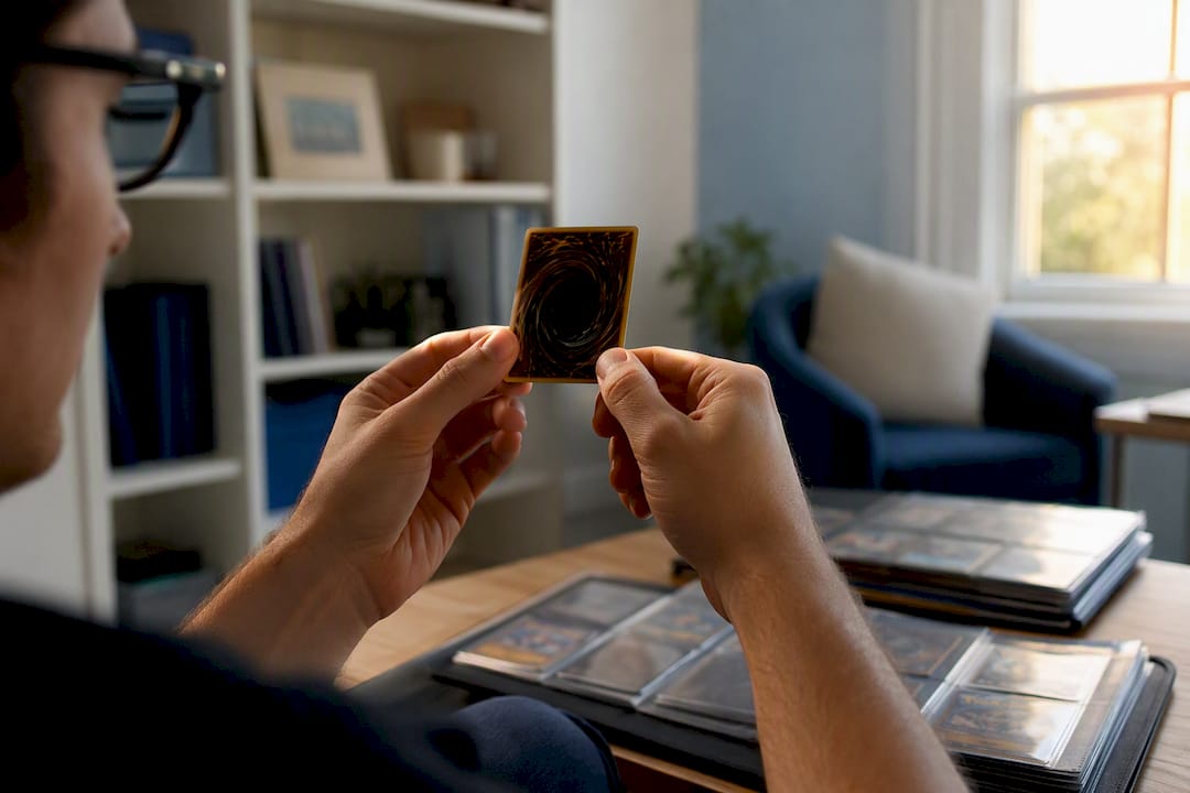 Hands inspecting sports card edges in natural light