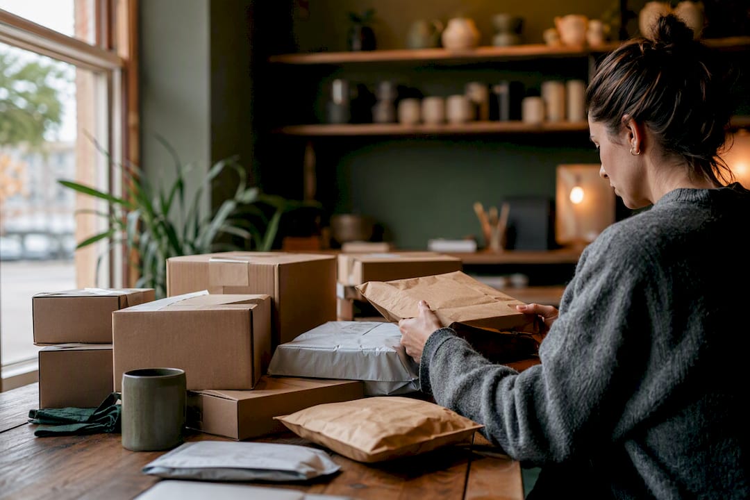 Hands sorting inventory parcels by sales channel