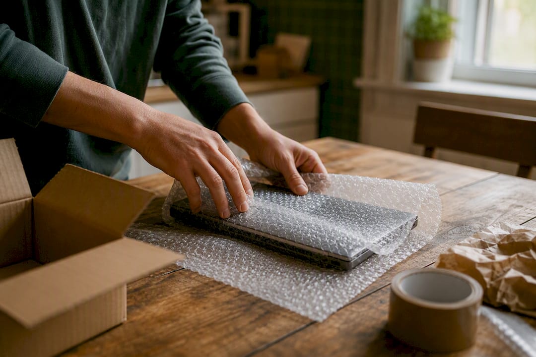 Hands wrapping laptop for shipment on neutral table