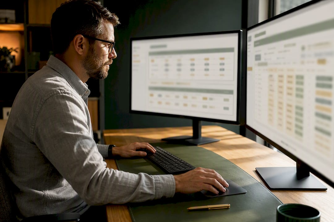 Accountant reviewing settlement reconciliation screens