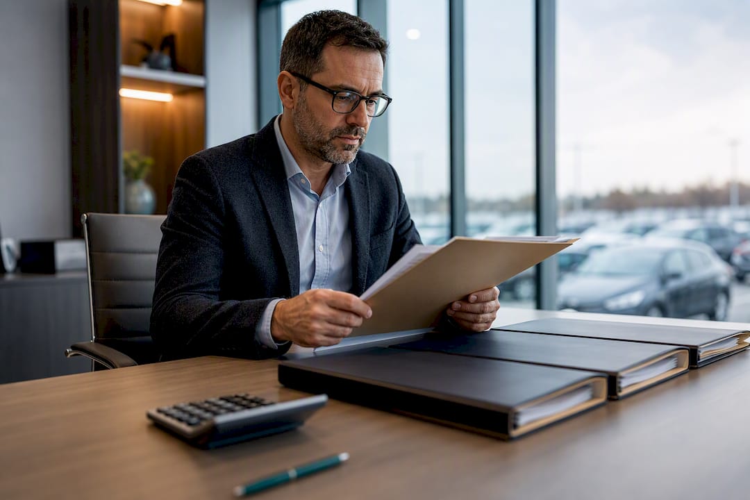 Dealership manager reconciling vehicle inventory schedules