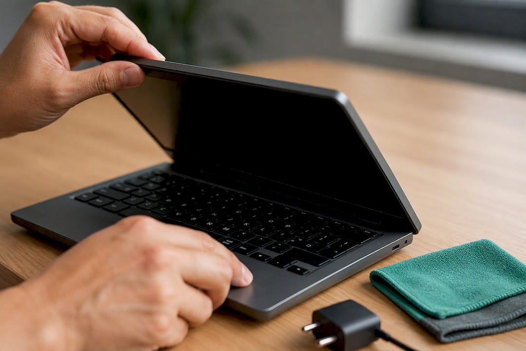 Hands checking Chromebook hinge and keys