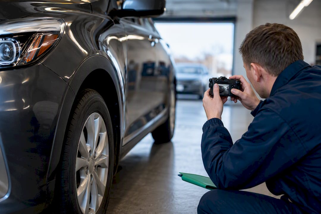 Specialist photographing vehicle before online listing