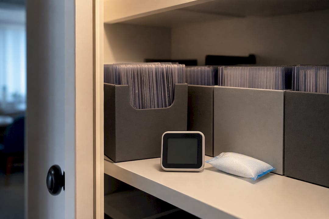 Hygrometer beside protected card storage boxes