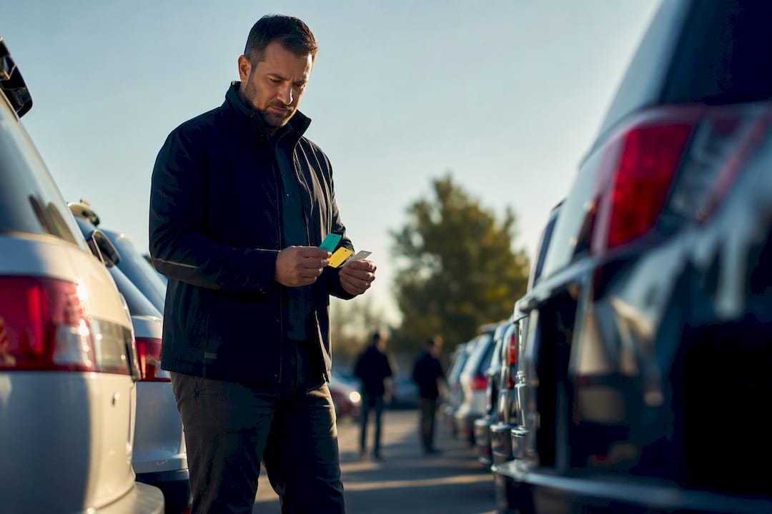 Dealer reviewing aging vehicles on storage lot