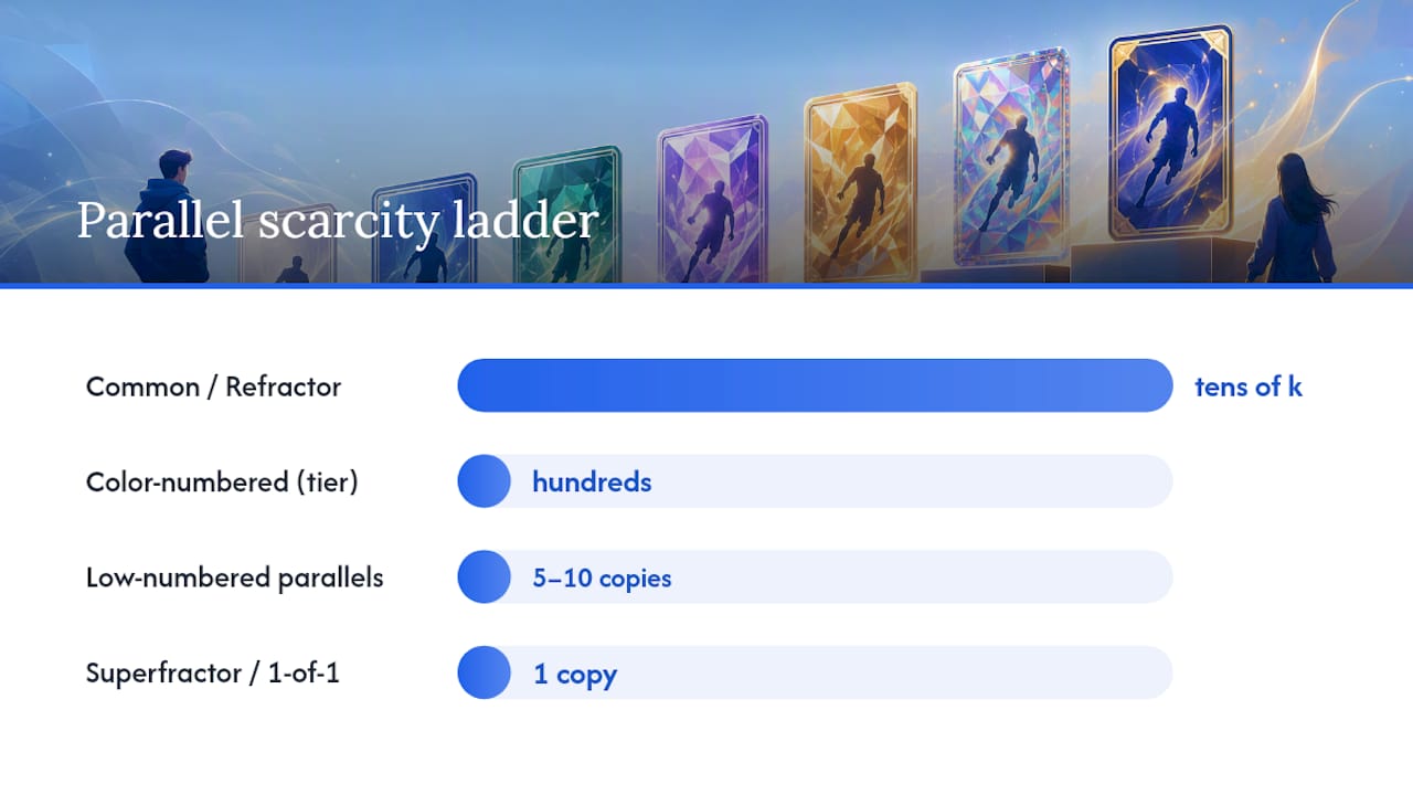 Parallel card scarcity ladder from common to one-of-one